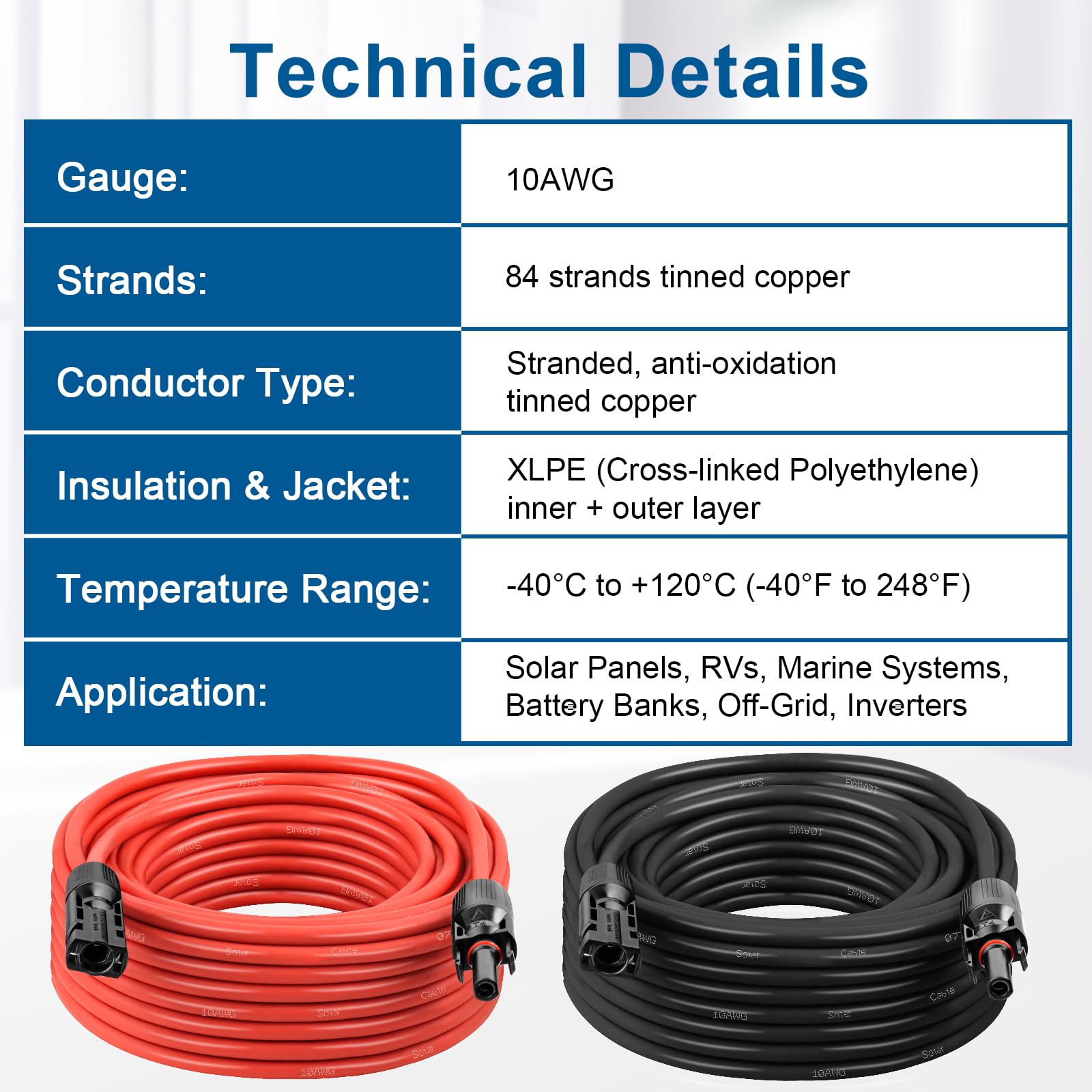 Solar-Verlängerungskabel, 10 AWG, 6 m, 2 Stück, rot und schwarz, PV-Draht mit Solarsteckern, 84-strängiges verzinntes Kupfer, Dual-XLPE-isoliert, UV-beständiges Kabel für Wohnmobil, Wechselrichter