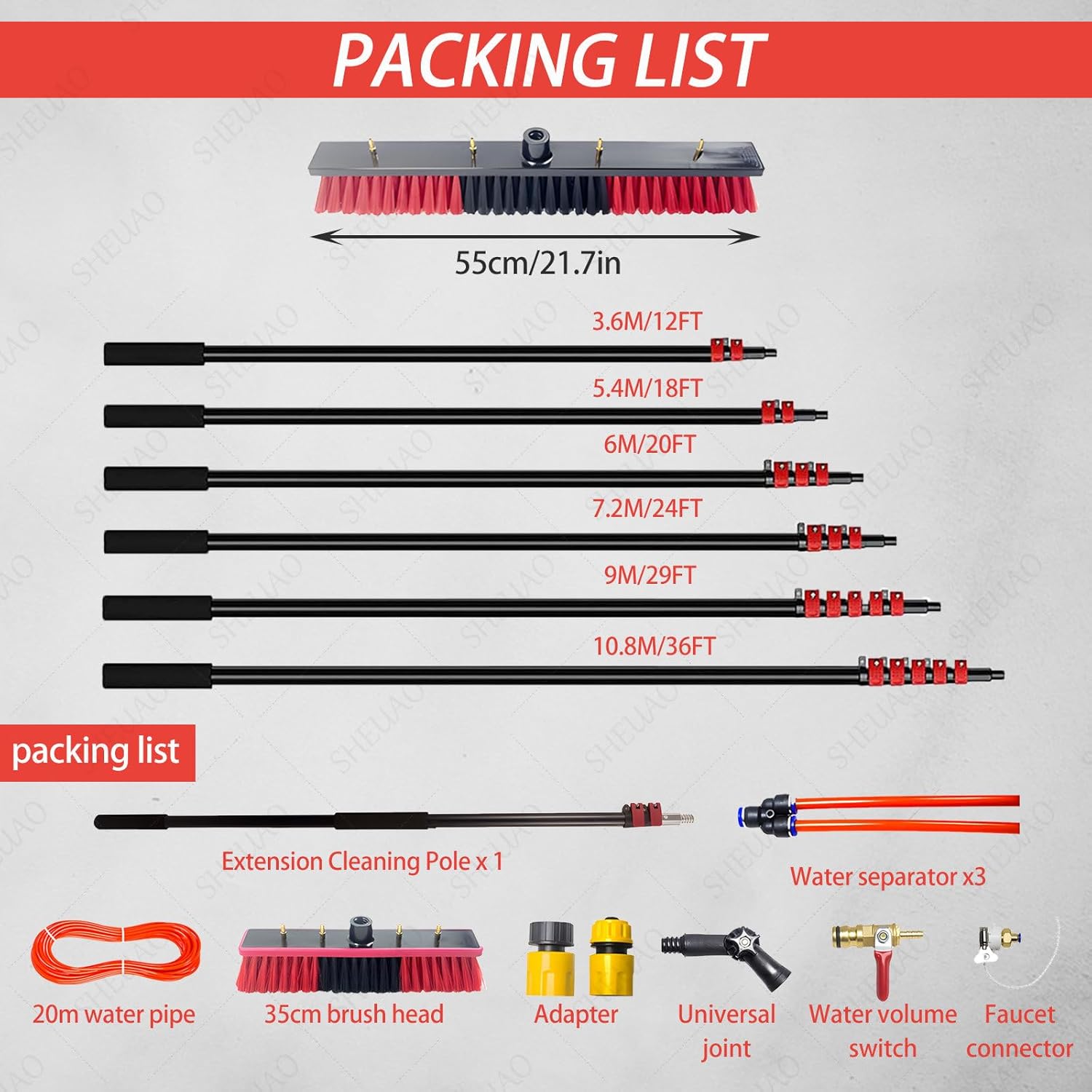 調節可能な伸縮式クリーニングブラシ - 55cm 給水ポール 窓、デッキ、庭、壁、PVC、温室、屋根、キャラバン、洗車用 - 多目的