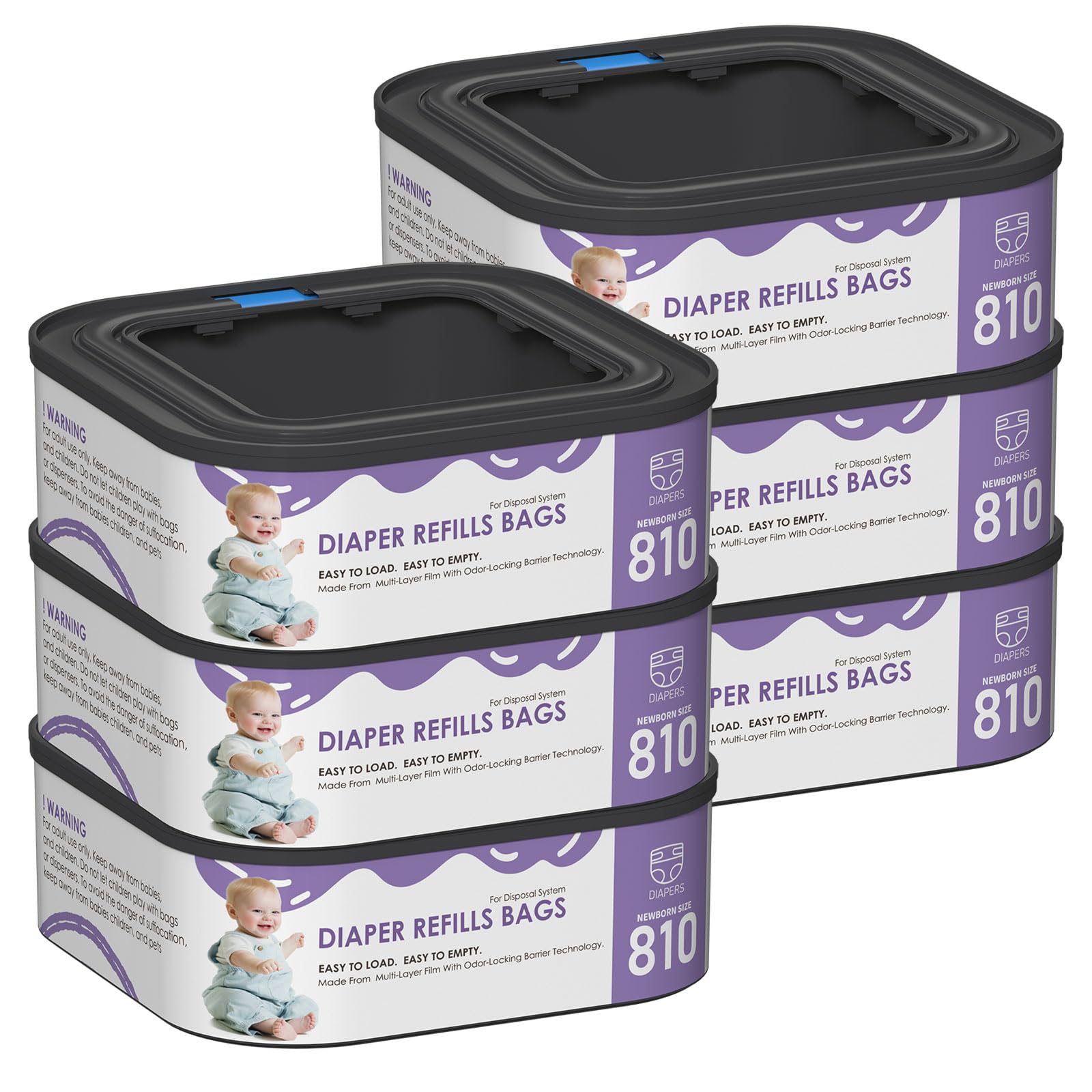 Jumbo Square Refills Disposal Bags Refill Compatible with Diaper Genie Compact, Select and Classic Pails, Hold Up to 810 Newborn-Sized Diapers Per Refill, Pack of 6