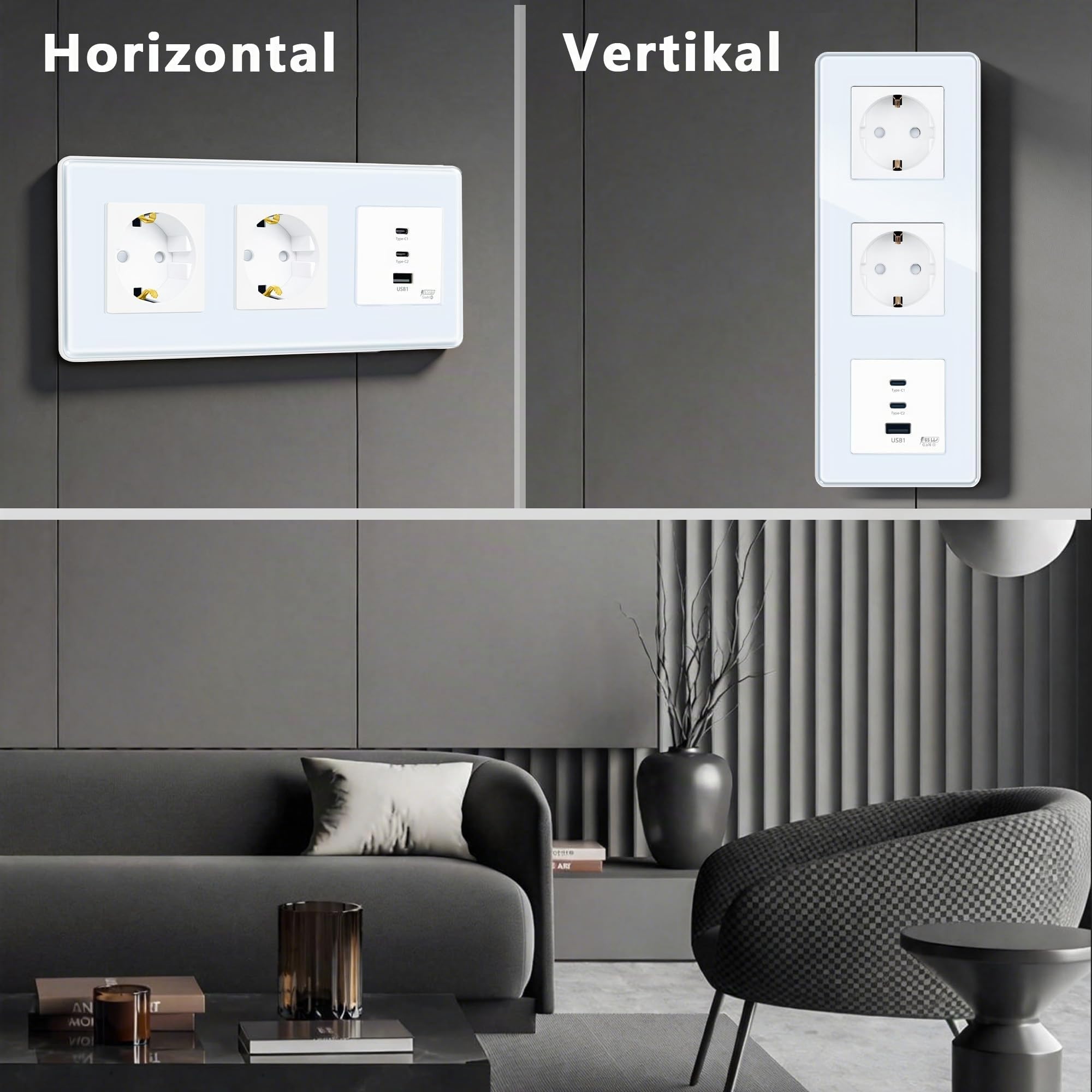 TAWOIA Schuko Steckdose Mit 65W Type C und USB Schnelllade Schnittstelle für Mobiltelefone, Tablets und Laptops,2 Fach Unterputz Mit 2,5D Curved Glas Platte, Wandsteckdosen Weiß 86 * 228mm