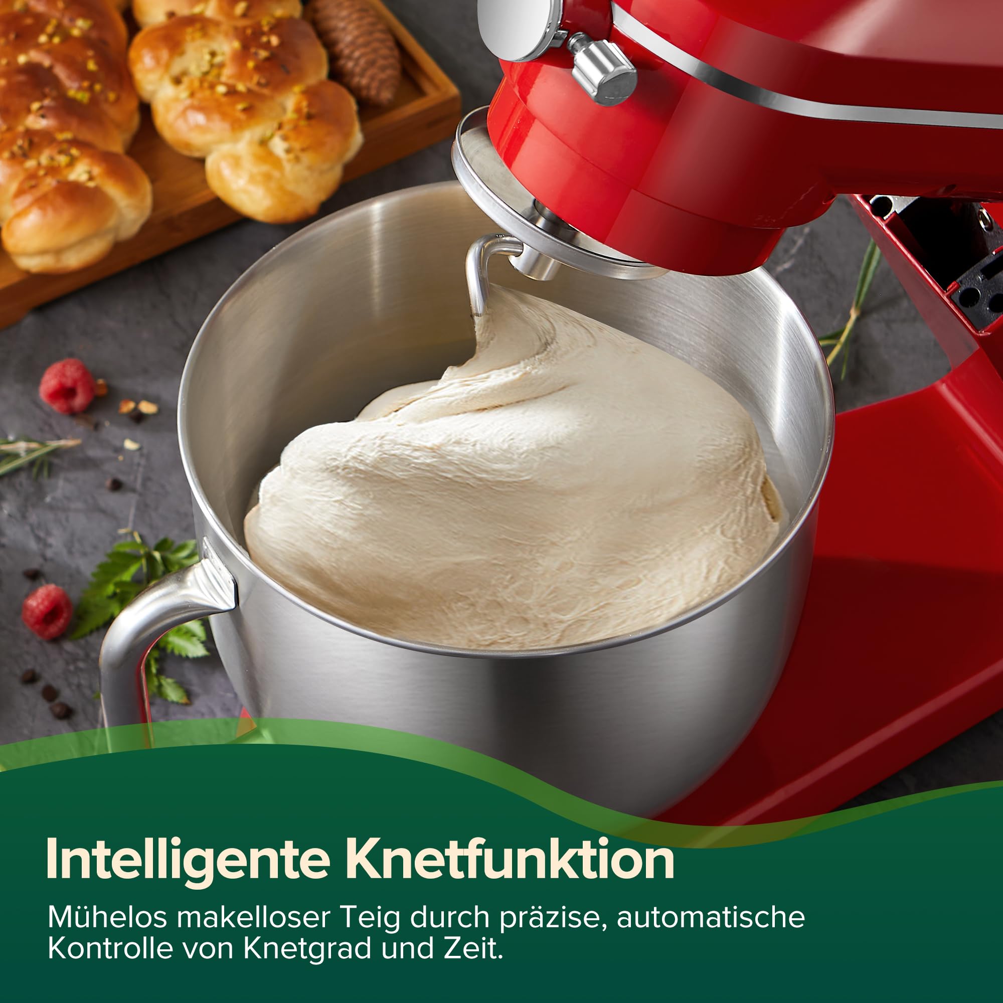Chefree Knetmaschine Profi Küchenmaschine,7L Schüssel mit 3 Rührwerkzeuge, 1800W,LED-Touchscreen,10 Stufen,Knethaken Rühr- & Schneebesen,Planetenrührwerk,Rot,M500