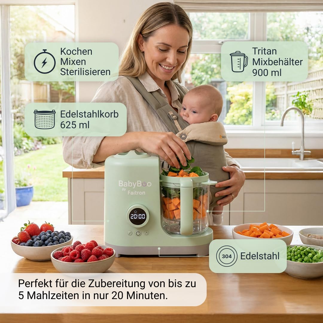 BabyBoo Babynahrungszubereiter 7-in-1, Dampfgarer & Mixer, 300W, Edelstahlkorb, Tritan-Behälter, Digitaldisplay