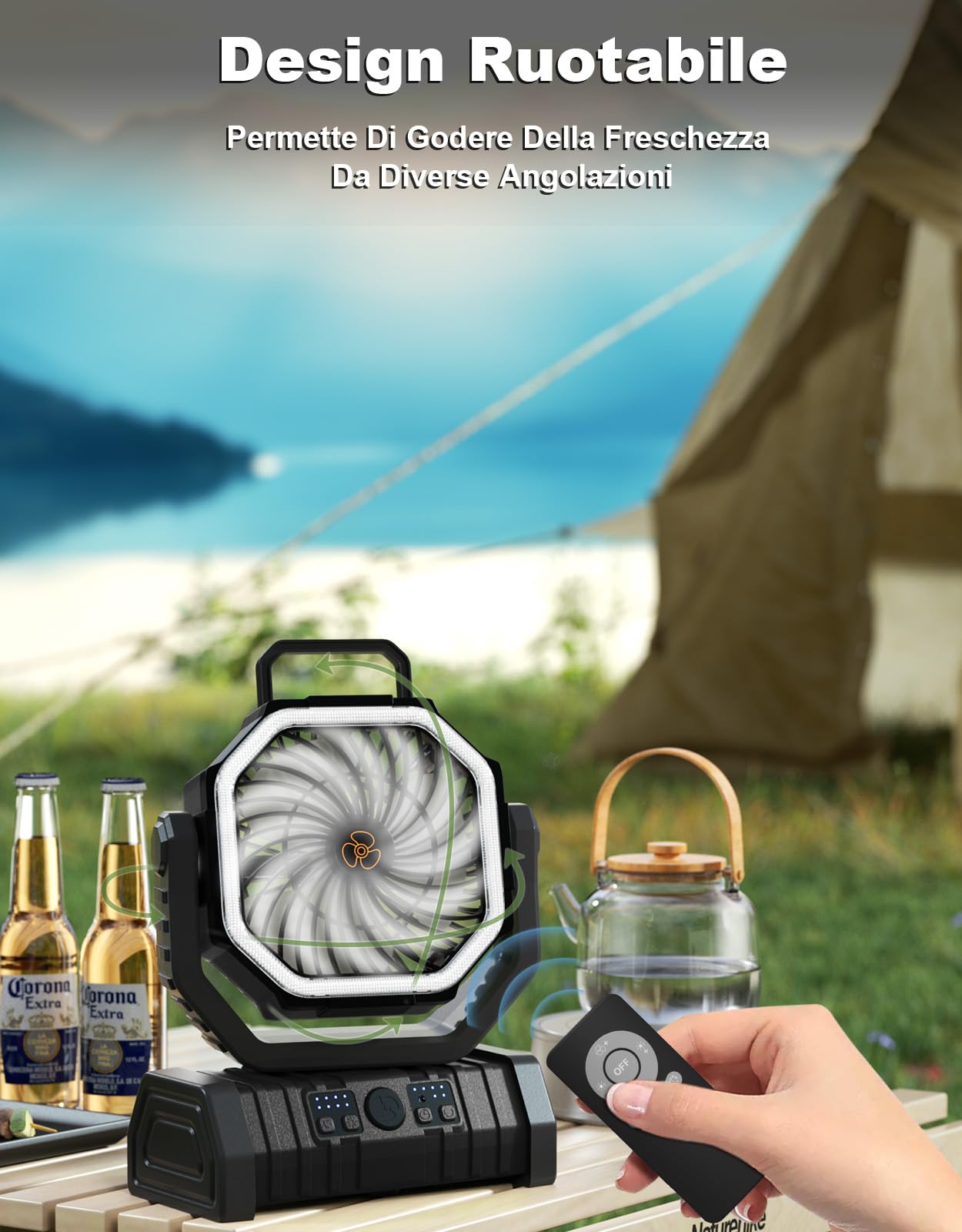 Richday 20000mAh con lanterna LED Ventilatore da campeggio Ventilatore silenzioso a 4 velocità Rotazione di 270° Ventilatore da campeggio all'aperto per uffici Tenda da camera da letto Campeggio