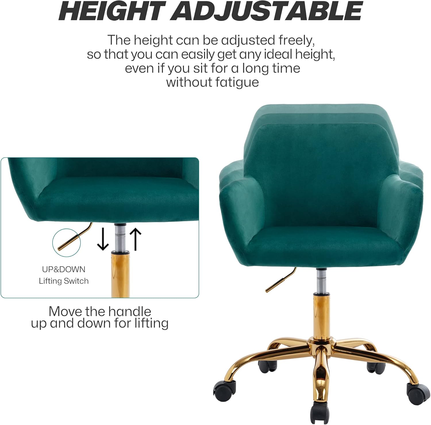 KCC Velvet Office Desk Chair, Comfy Swivel Modern Leisure Armchair with Wheels, Upholstered Comfy Velvet Fabric Makeup Chair Height Adjustable for Teens Women Girls Elegant Home Office, Green