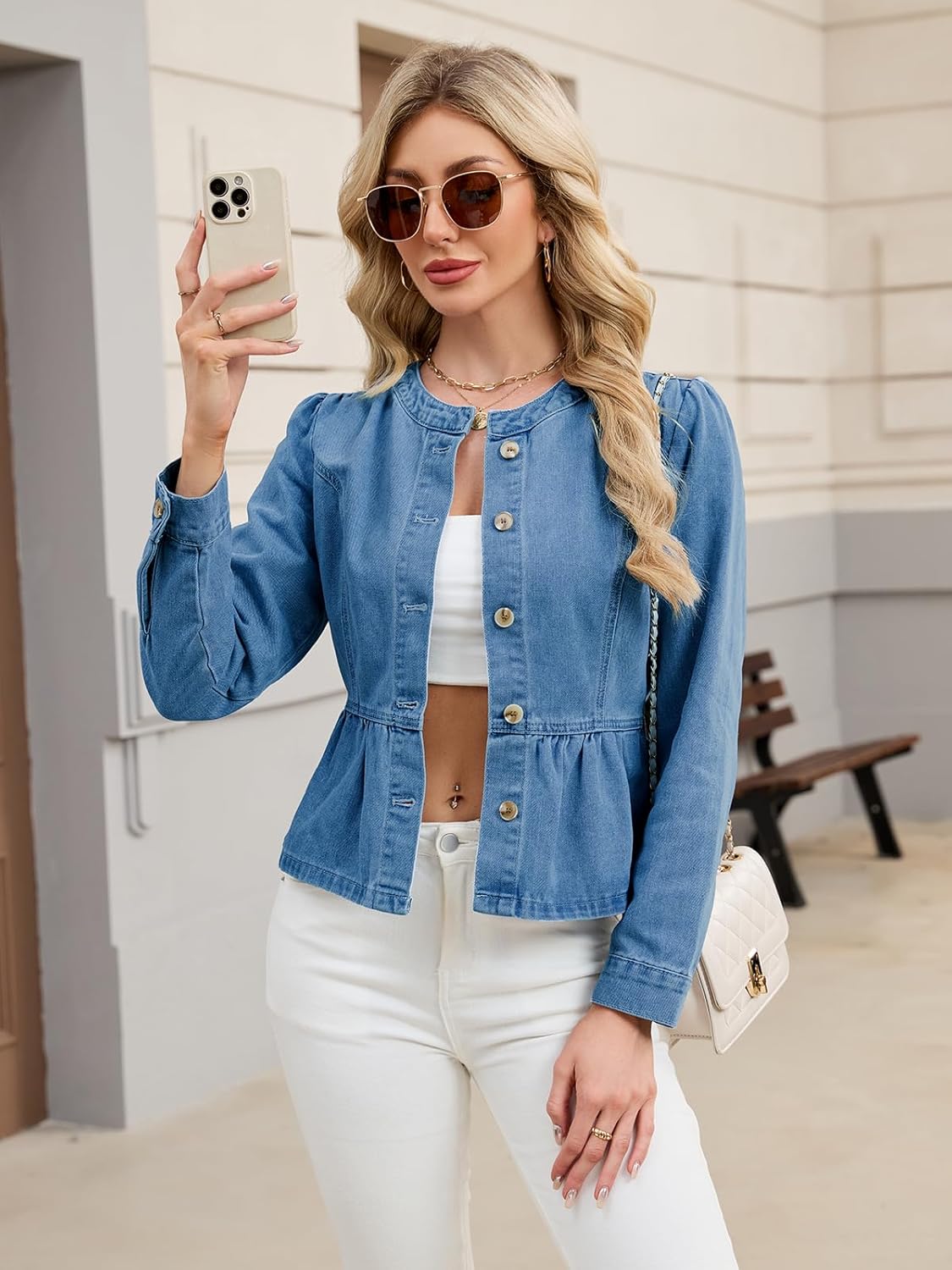 Jean Jacket for Women Peplum Hem Puff Long Sleeve Button Down Collarless Round Neck Denim Jacket Top - Image 6