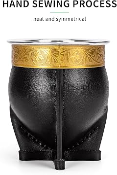 Cuopru Premium Argentina Imperial Yerba Mate Cup with Bombilla Mate (Straw) Set, Baroque Style, Leather Gourd, 304 Stainless Steel Inner (Black)