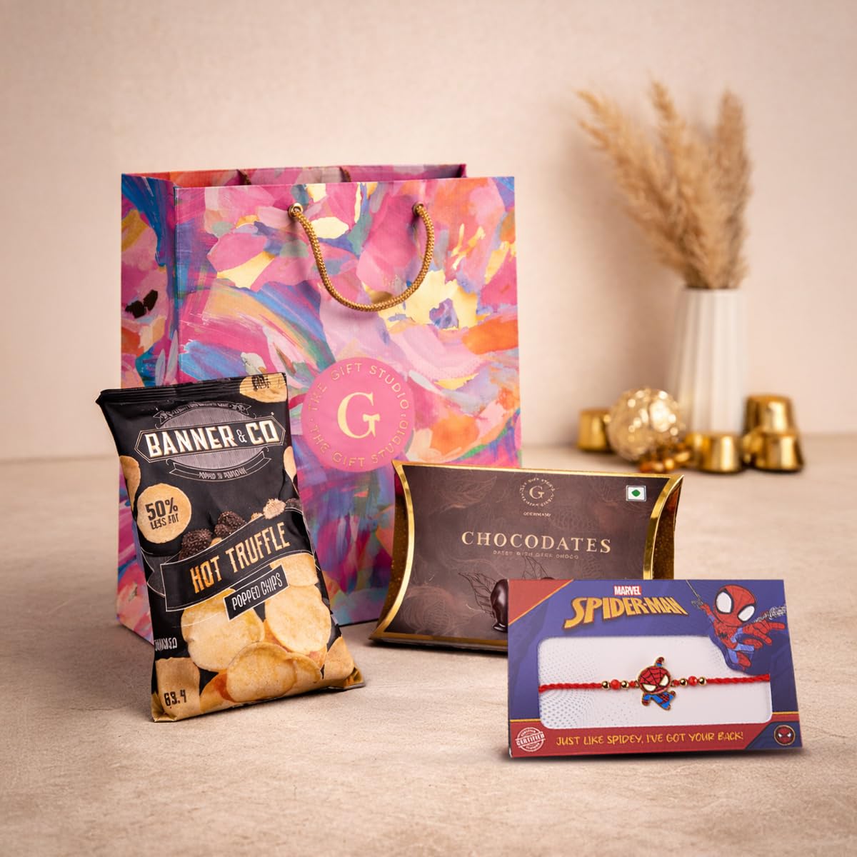 THE GIFT STUDIO.COM | Marvel Spider-Man Rakhi Gift Hamper for Kids | Banner & Co Truffle Chips, Chocodate & Floral Bag | Raksha Bandhan Gift-image-16