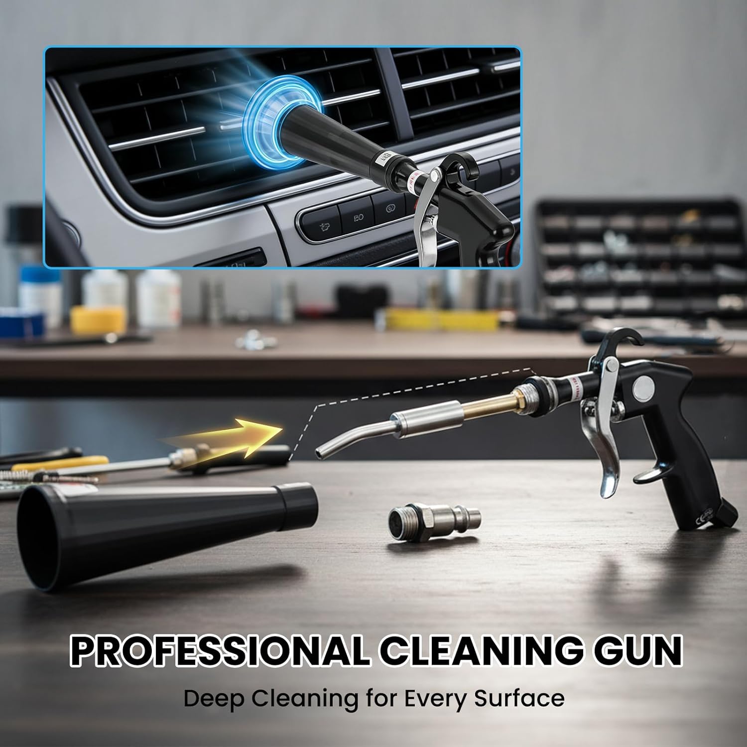 SakerPlus Dry Cleaning Gun for Car Interior Cleaning, Air Compressor Detail Tool with Brush for Narrow Gaps, Copper Connector, 60 to 160 PSI (2 Upgrade Set Nozzle)