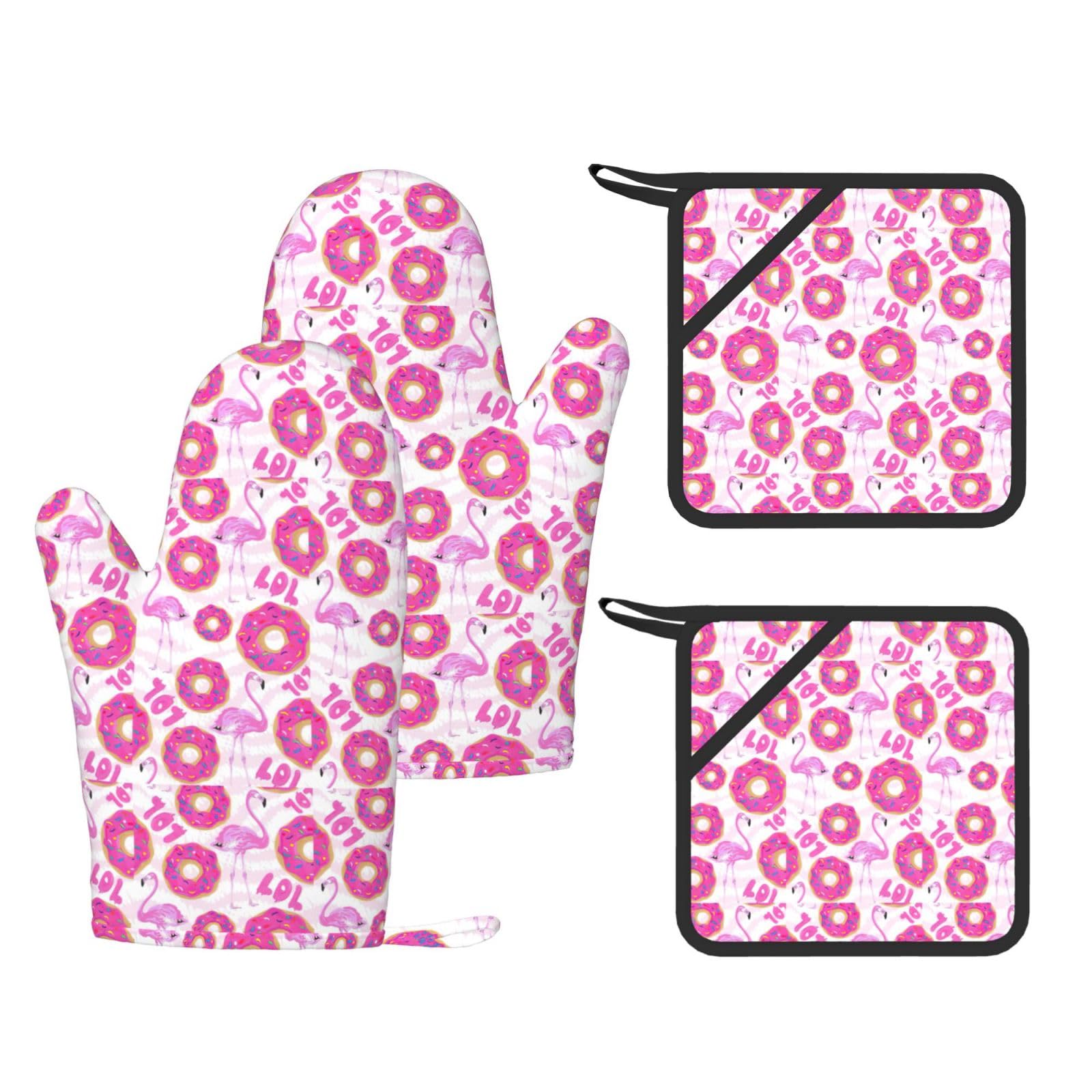 Eeprty Black Flamingo And Donuts Printed Kitchen Oven Gloves And Potholder 4 Pcs, Non-Slip Heat Resistant Mitts For Baking Chef