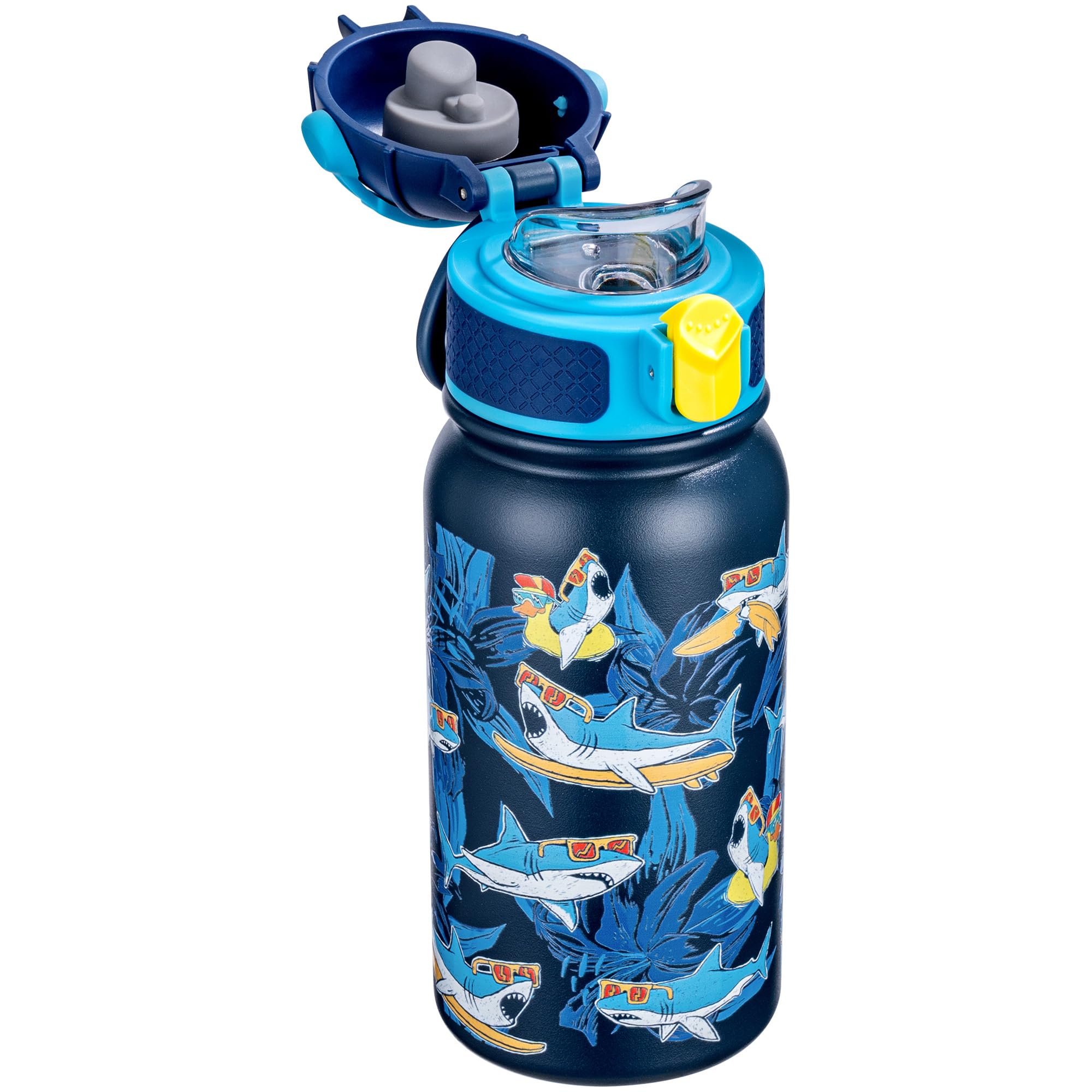 OLDLEY Trinkflasche Kinder 350ml,Edelstahl Trinkflasche, Auslaufsicher,Kleine Flasche mit Griff,Jungen Mädchen Kinder(Hai)