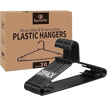 Black Plastic Hangers 20 Pack, Light Weight Durable Clothes Hangers Non-Slip Slim Heavy Duty Hangers G-Shape Standard Size Ideal for Tank T-Shirts Dresses Jackets Suits Blouses Ties Leggings (Black)