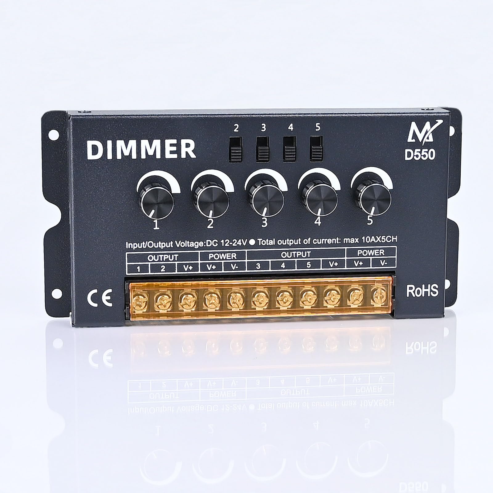 TOPAI Five Knob LED Strip Dimmer, Independent 5 Channel Control, PWM Dimming Controller, Output DC 12V-24V Max 50A