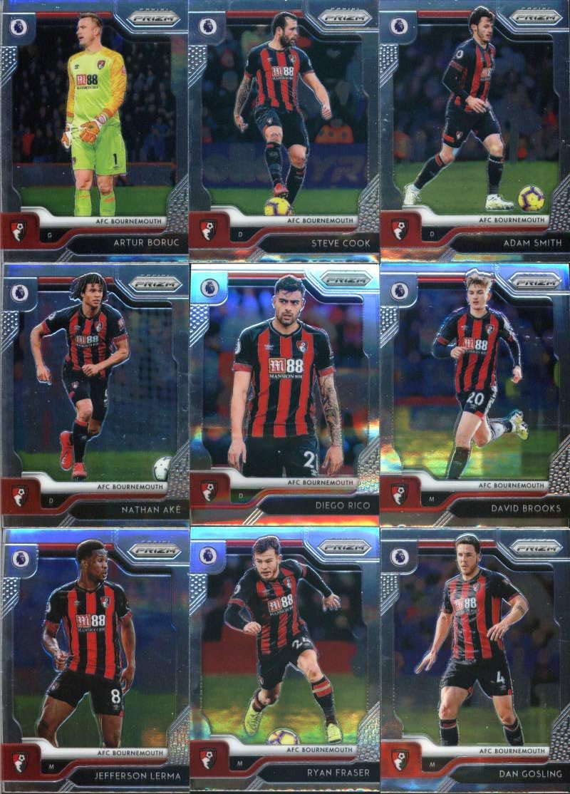 2019-20 Panini Prizm Premier League Soccer AFC Bournemouth Team Set of 14 Cards: Artur Boruc(#136), Steve Cook(#137), Adam Smith(#138), Nathan Ake(#139), Diego Rico(#140), David Brooks(#141), Jefferson Lerma(#142), Ryan Fraser(#143), Dan Gosling(#144), Jordon Ibe(#145), Lewis Cook(#146), Callum Wilson(#147), Joshua King(#148), Dominic Solanke(#149)