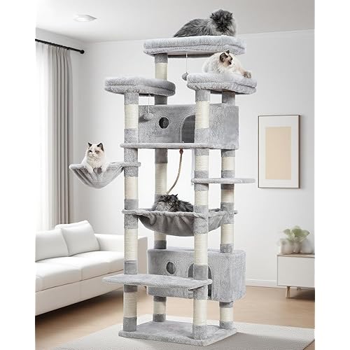 Cat Tree for Indoor Cats Large Adult, 74" Cat Tower with 3 Big Platforms, 2 Baskets, 2 Condos, Multi-Level Cat Scratching Posts, Light Gray GCT030W