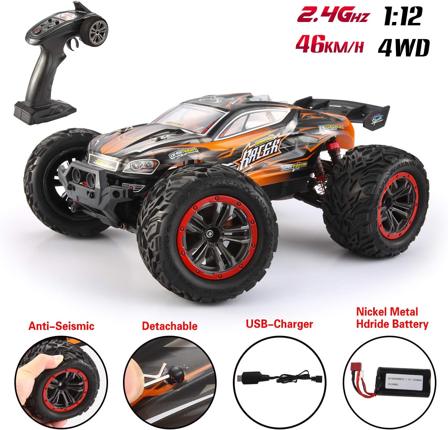 The VATOS RC Buggy driving through shallow water, demonstrating its IPX4 waterproof level.