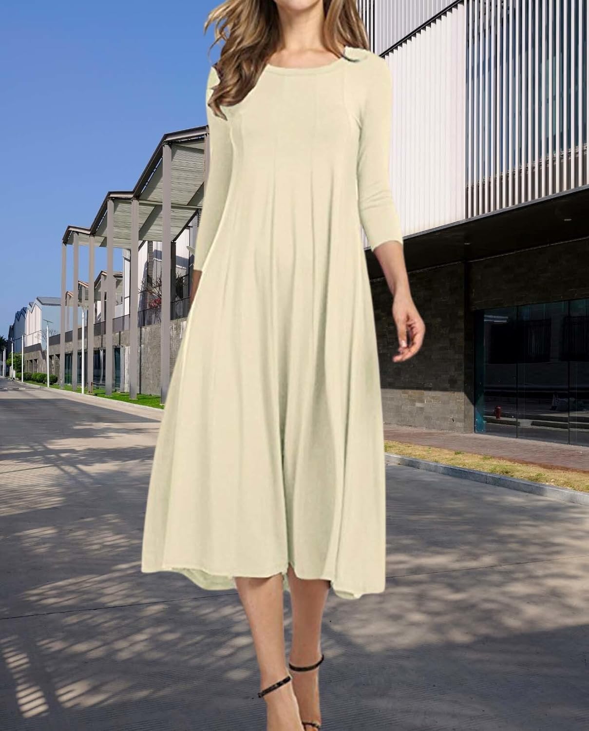 Womens Long Sleeve Dress 2025 Fall and Winter Casual Flowing A Line Solid Color Hem Long Dresses - Image 4