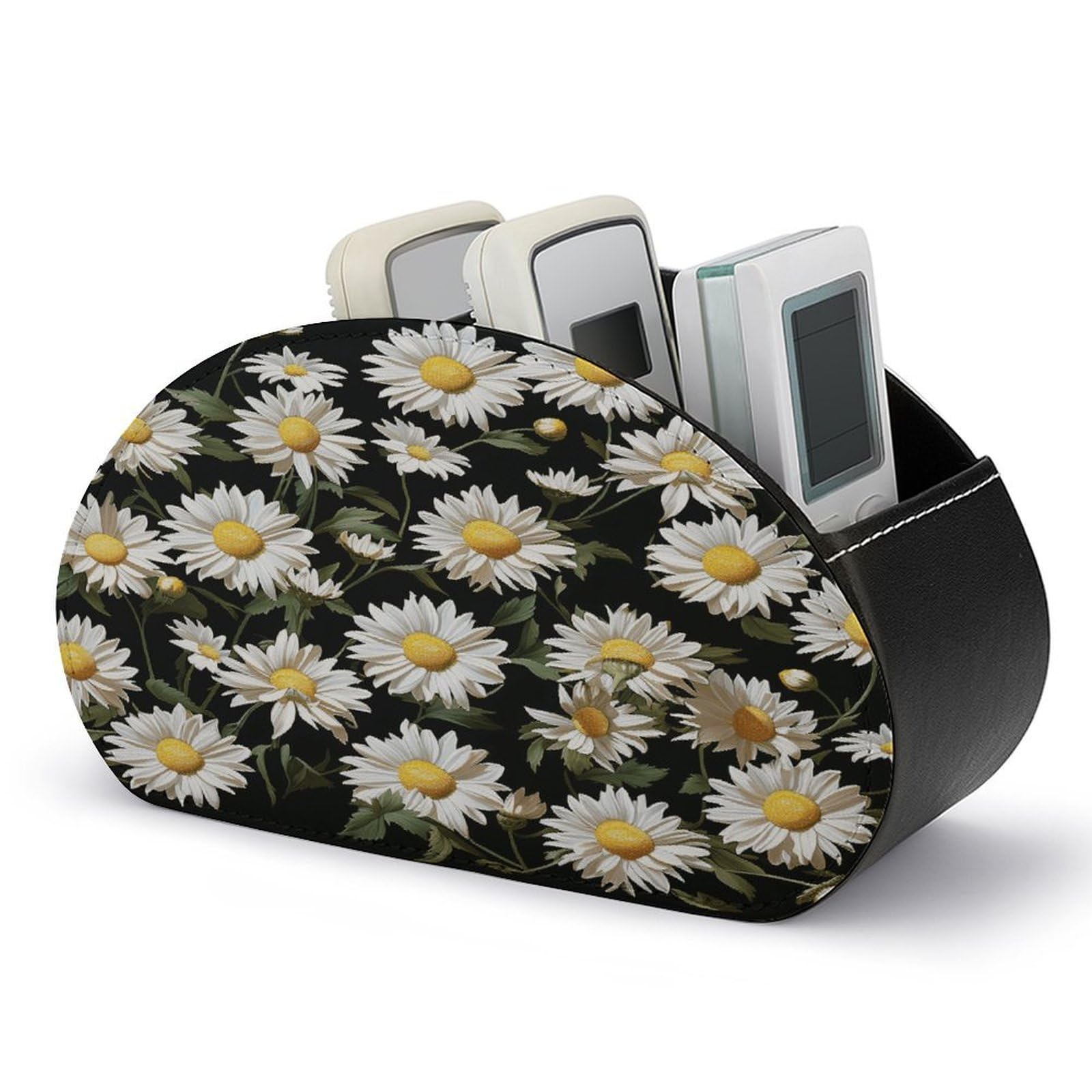 VstaDank Daisy Remote Control Holder Farmhouse TV Media Remote Storage Box with 5 Compartments PU Leather Remote Caddy Desktop Organizer for Home Bedside Table Organizer
