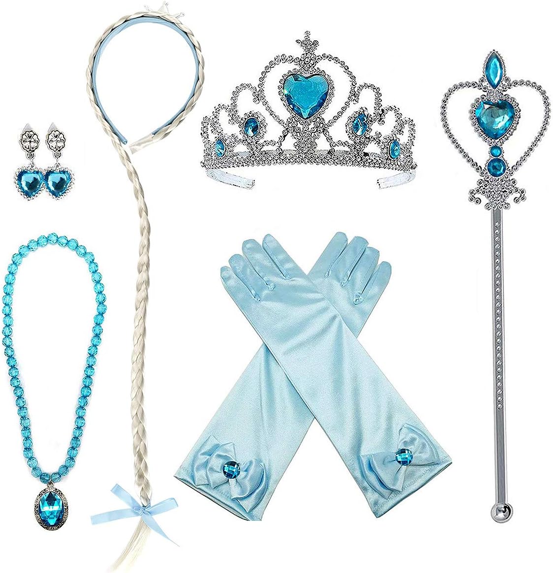 LOEL Princess Dress up Party Accessories - 5 Piece Gift Set: Tiara, Wand, Earring, Necklace and Gloves Blue with Wig-tyle A Peishi