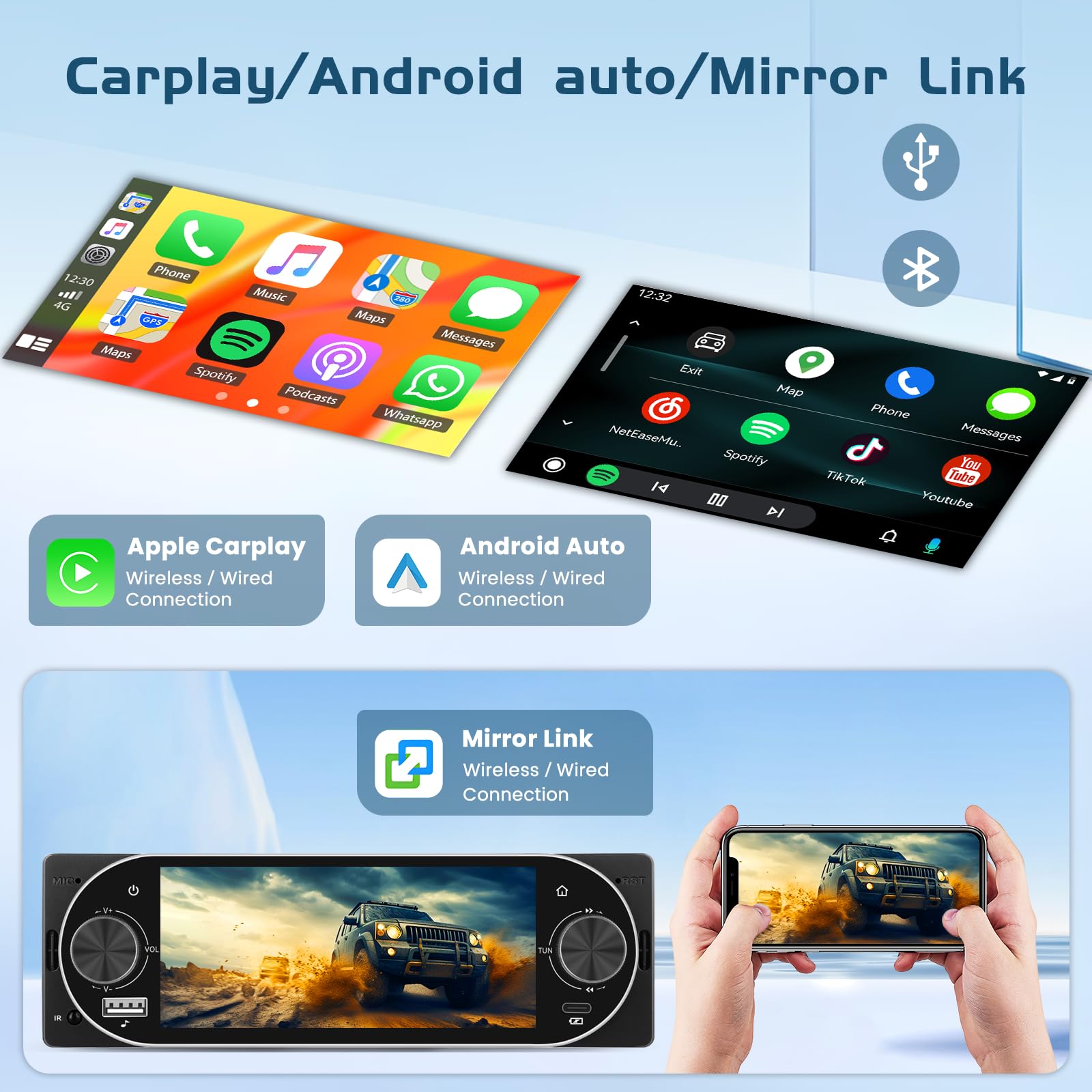 Radio samochodowe Bluetooth 1 DIN kompatybilne z Carplay i Android Auto, radio samochodowe z ekranem dotykowym 5,1", zestaw głośnomówiący Bluetooth, Mirror Link, radio FM, USB/Type-C, EQ i kamera