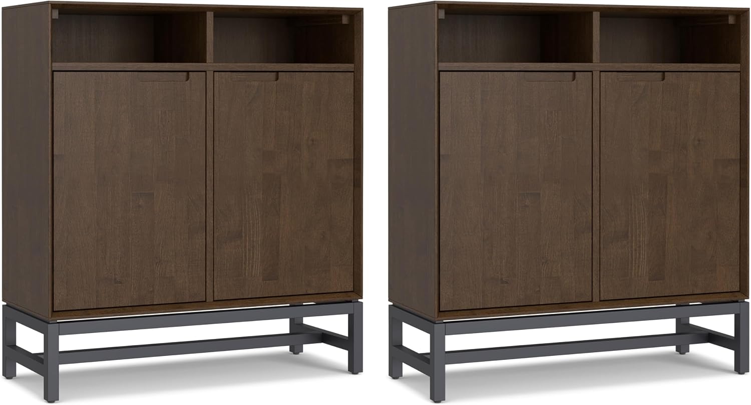 SIMPLIHOME Banting Solid Wood 36 inch Storage Cabinet in Walnut Brown (Set of 2) for the Living Room, Entryway and Family Room