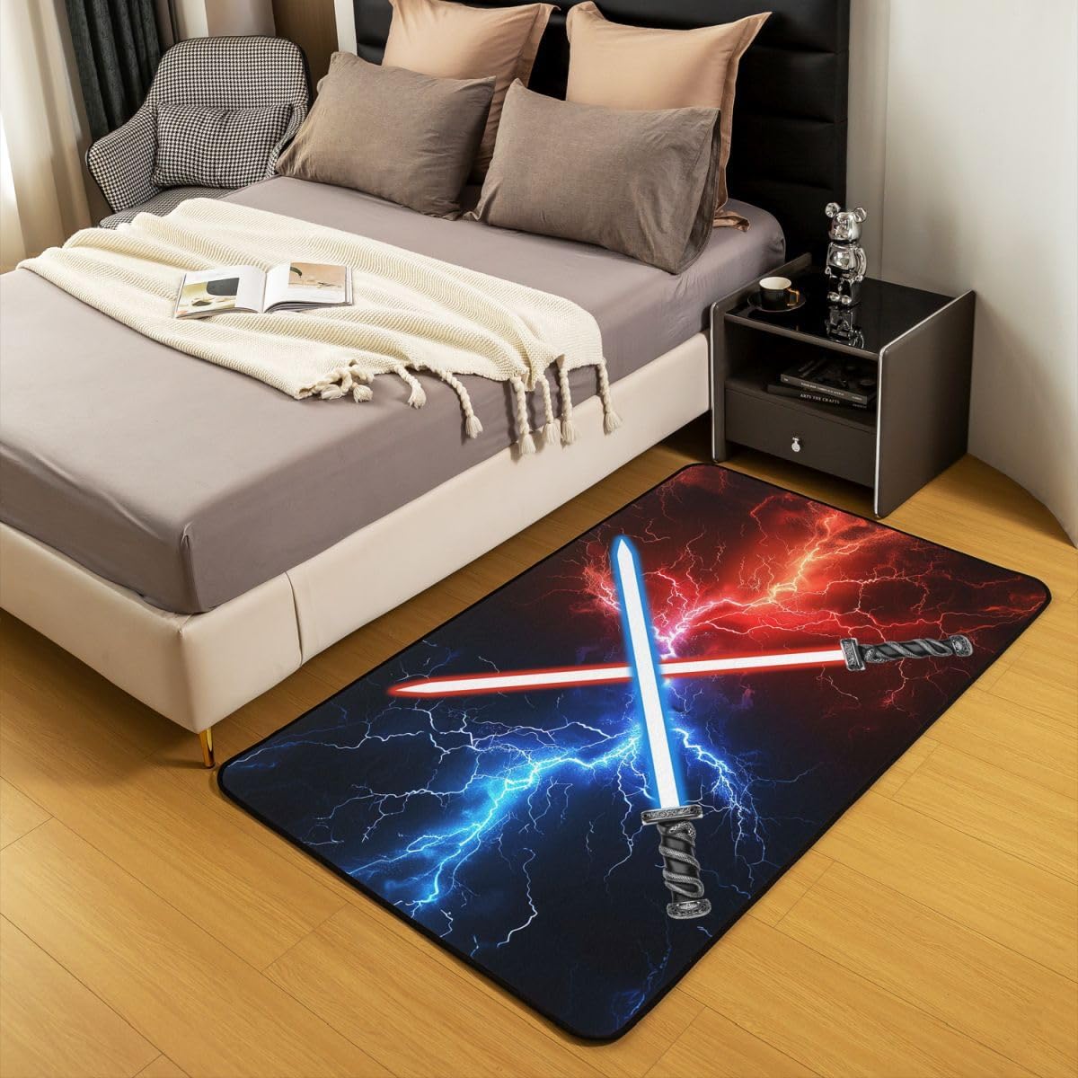Blue Red Lightsaber Area Rug 3'x5',Neon Glowing Lightning Glitter Non Slip Carpet for Kids Adults,Video Games Modern Decorative Rug for Bedroom Playroom Backyard