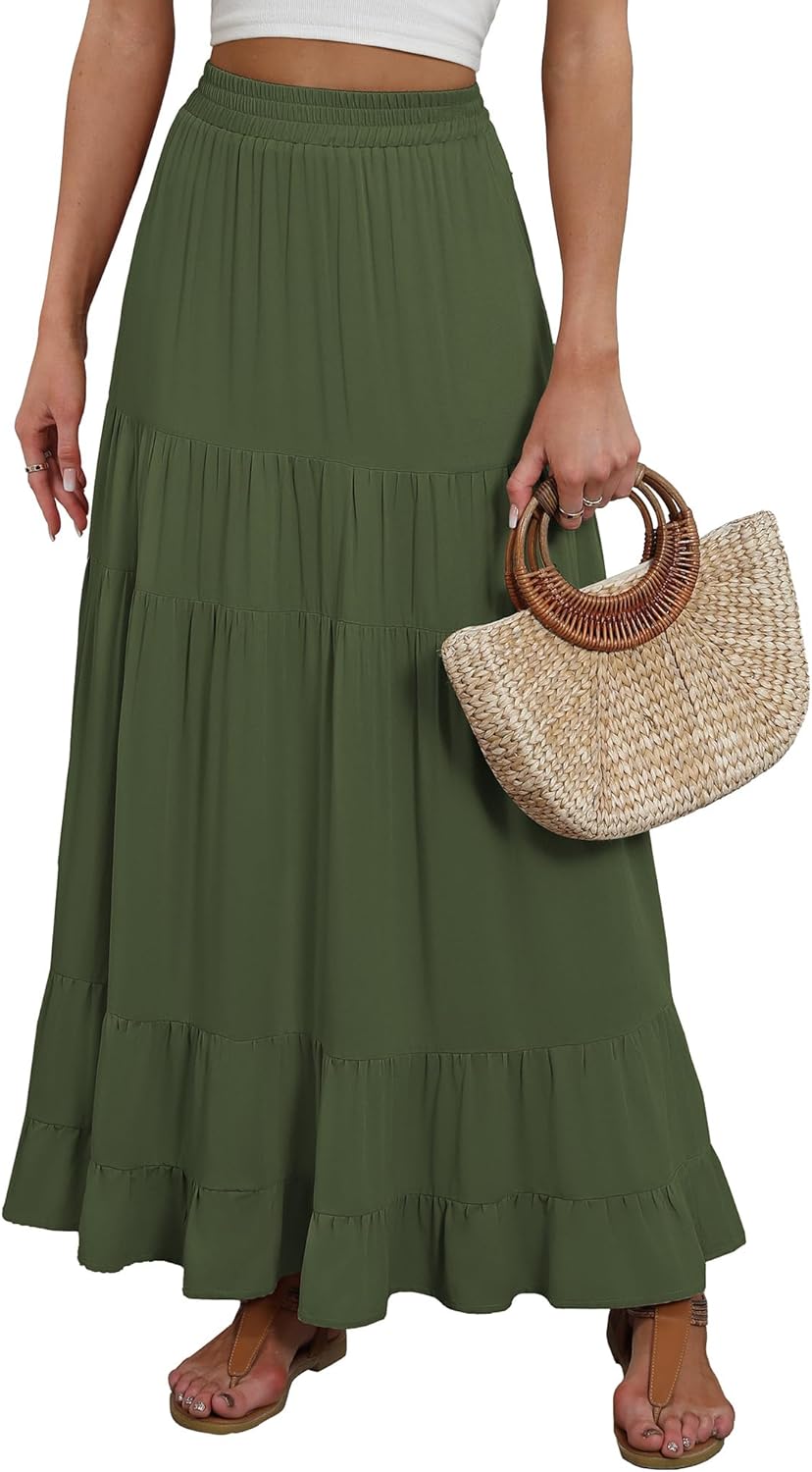 ANRABESS Womens Maxi Skirt Elastic High Waist Swing Tiered A-line Flowy Pleated Boho Beach Vacation Long Skirts
