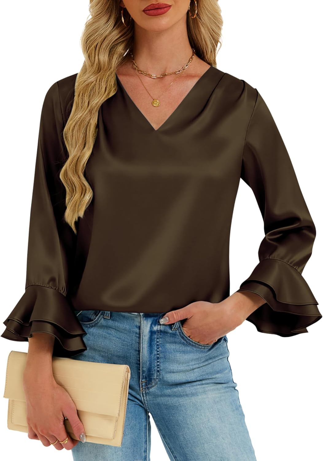 Womens Satin Silk Blouses 3/4 Sleeves Ruffle Shirts Dressy Business Casual Tops V Neck Pleated Elegant Work Office Wear