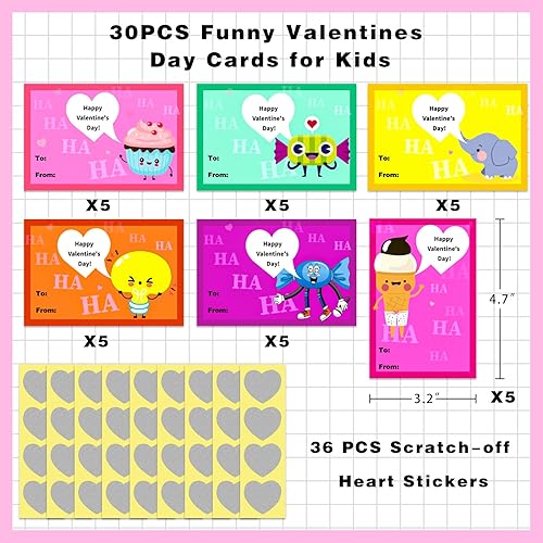 Miniatura 7 de JUESMOS Tarjetas de San Valentín para niños, 30 tarjetas divertidas de broma para raspar con calcomanías, tarjetas de felicitación de San Valentín,