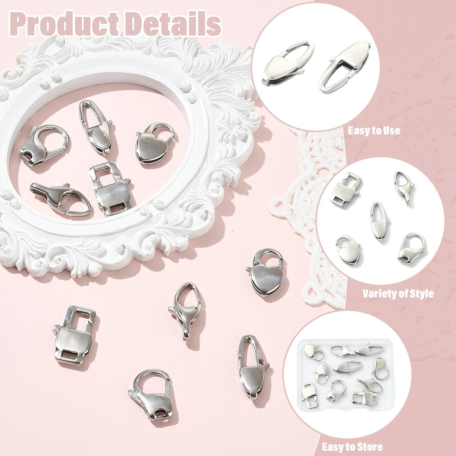 LiQunSweet 10 Pcs 5 Styles 304 Stainless Steel Lobster Claw Clasps 16-21mm Heart Shape Stainless Steel Lobster Clasps for Charms Bracelet Necklace Jewelry Making
