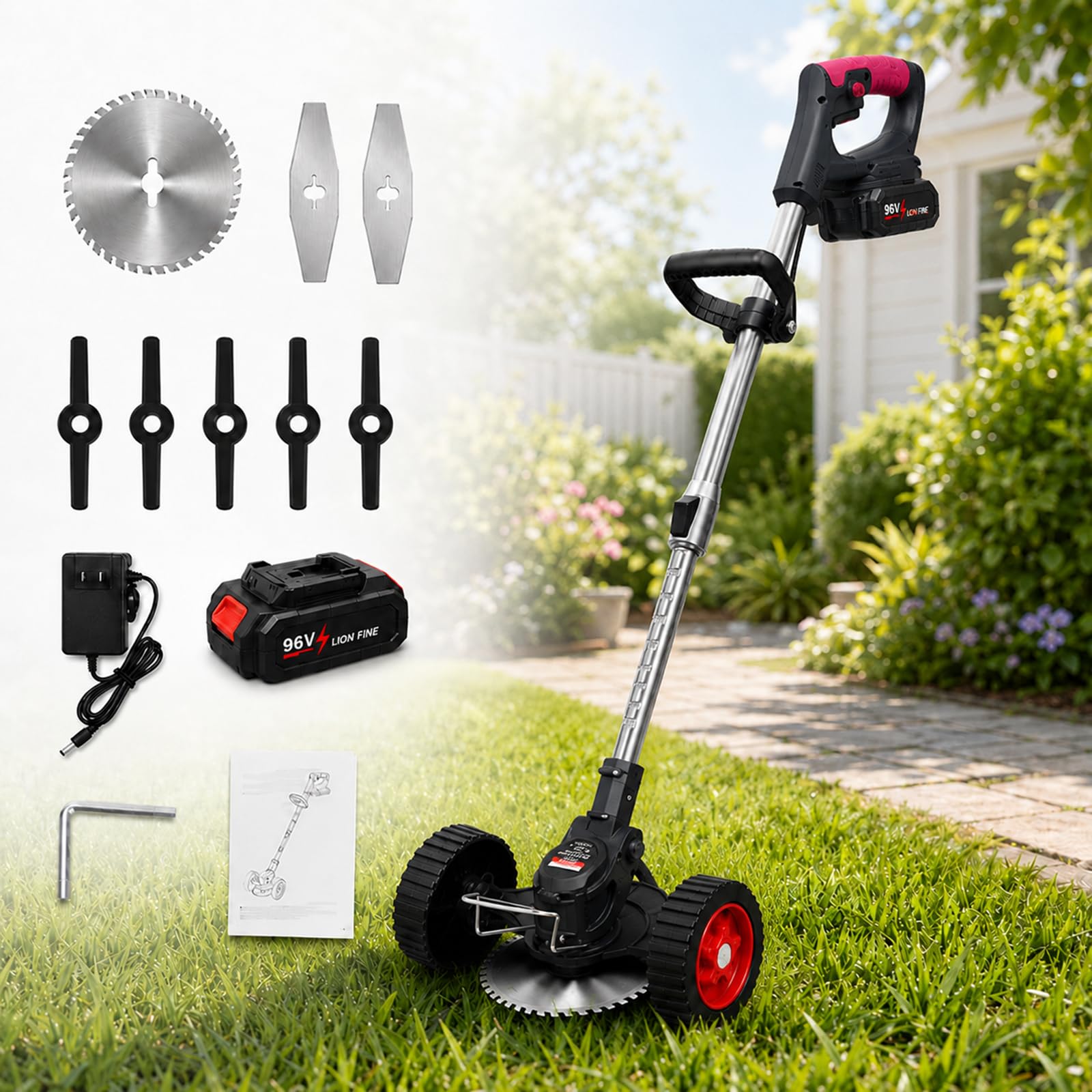 Cortahierbas Eléctrico 21 V, Motor de 180 W, 3 Tipos de Cuchilla Black-5-CellBattery | El motor con escobillas alcanza 8000 rpm para cuidar bordes, caminos, vallas, parterres y zonas de césped