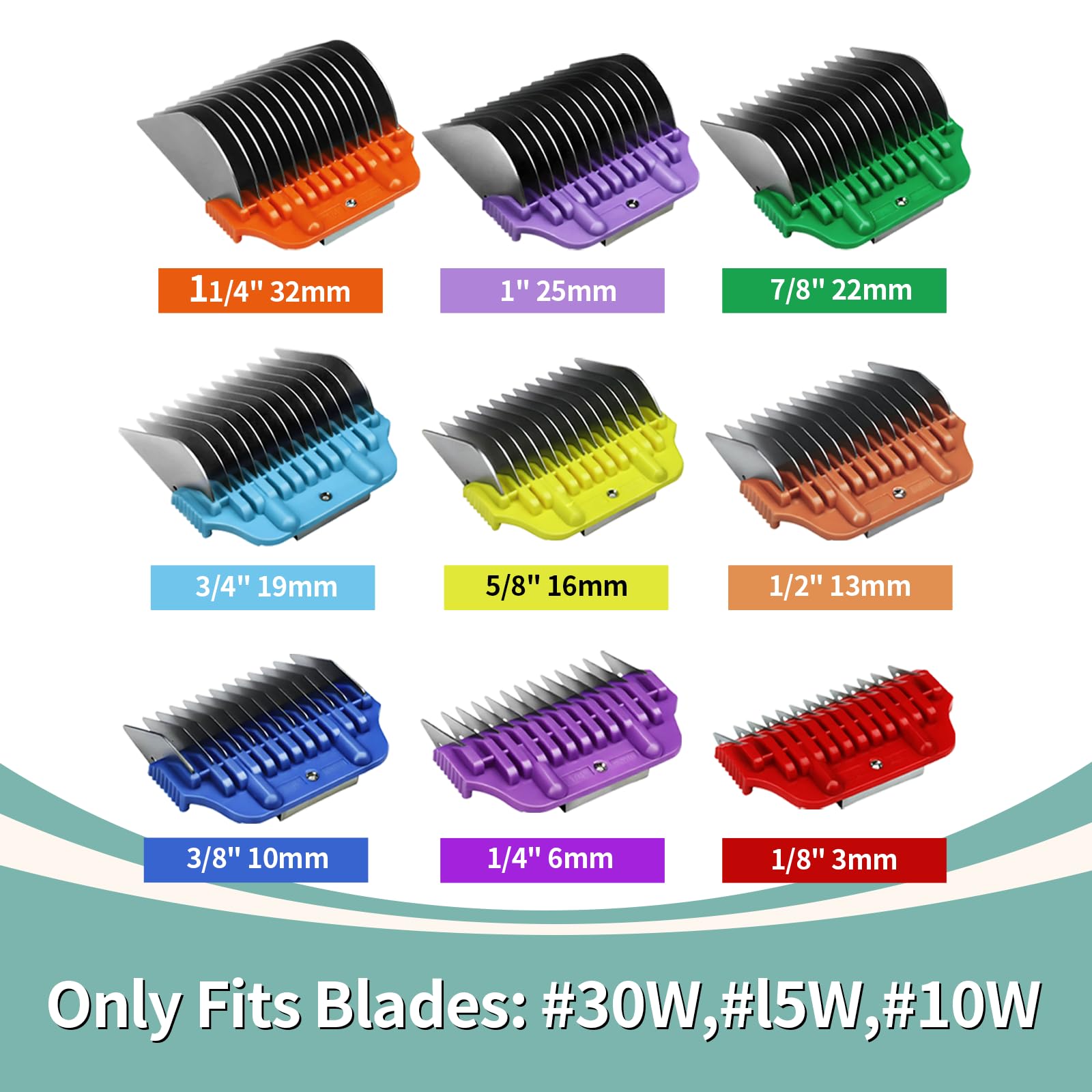 Juego de 9 peines Protectores de Acero Inoxidable Ancho para cortadora de Pelo de Mascotas, Compatible con Serie A5 | Peines con Clip, Solo Apto para Cuchillas Anchas 10W/15W/30W.