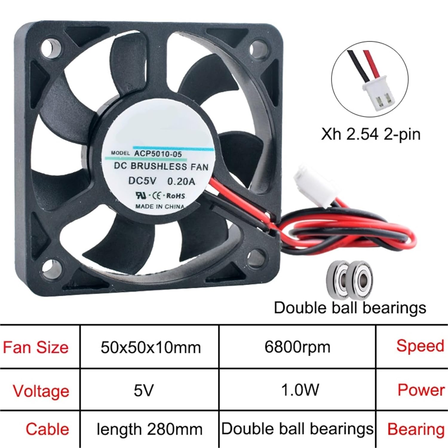 1Pcs ACP5010 50x50x10mm Axial Cooling Fan 2-Pin DC 5V/12V/24V 50mm for Power Supply Charger Frequency Converter - Computer Case Fans(DC12V Oil Bearing)