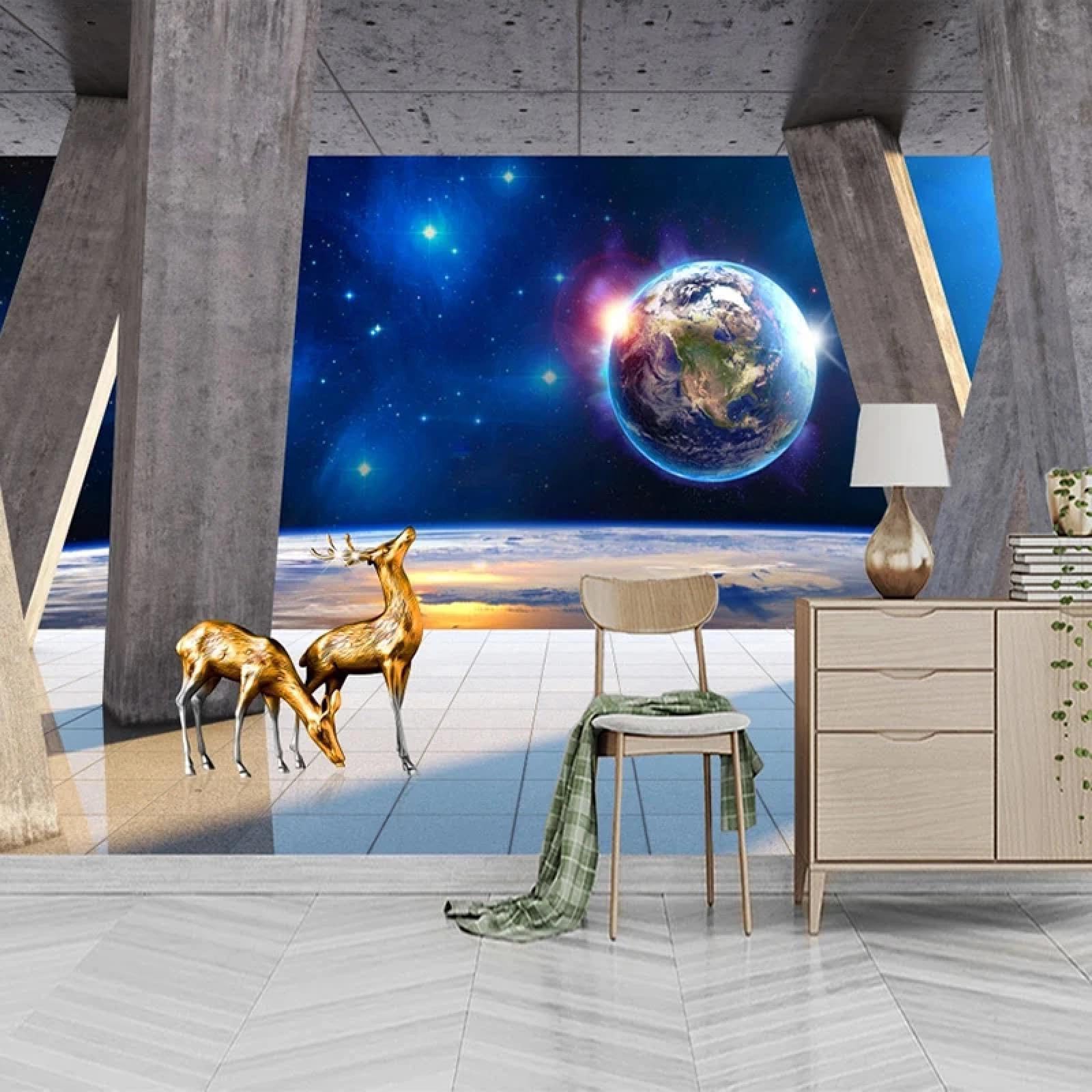 Jcsmkfq Wallpaper Architecture, Space And Starry Sky Mural 3D Living Room Feature Wall, Bedroom Decorative Art Wallcovering