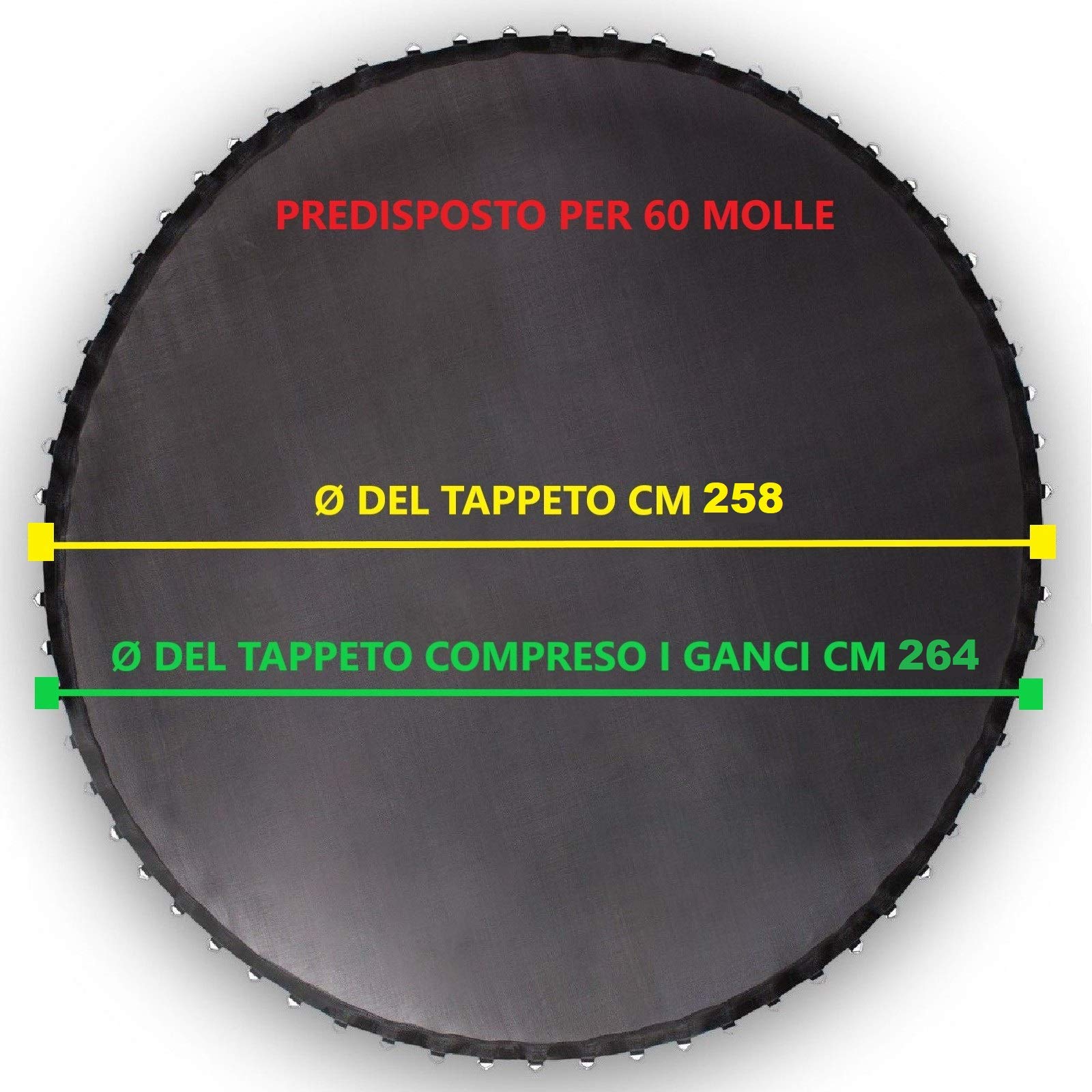 yelloo Tappeto Elastico per Trampolino di Diametro Esterno 305 cm Telo Ricambio Salta Saltarello predisposto con Ganci per 60 Molle