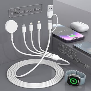 4 in 2 USB C Fast Watch Charger Cable for Apple Watch/iPhone/Airpods, Apple Watch Charger iWatch Charging Cable for iWatch Series 3/4/5/6/7/8/SE/Ultra Portable Wireless Charger Cord 6FT/1.8M