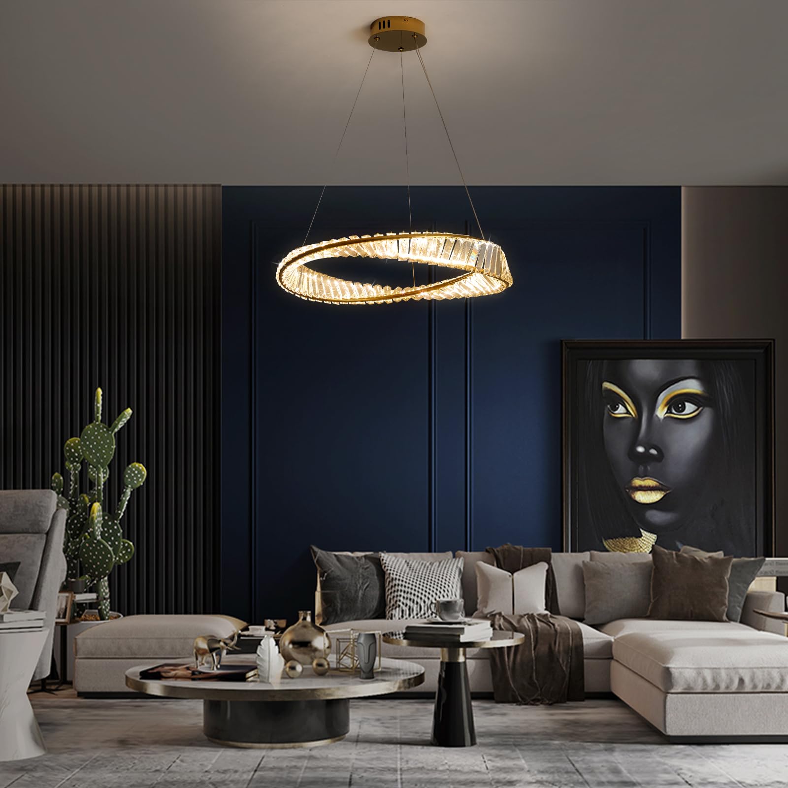 Lampadario Camera Da Letto,Acciaio Inossidabile Oro Anelli Irregolari Lampadari Plafoniera,Moderna Lampadario Cucina A Led Dimmerabile In Cristallo Per Soggiorno Cucina Camera Da Letto D60Cm