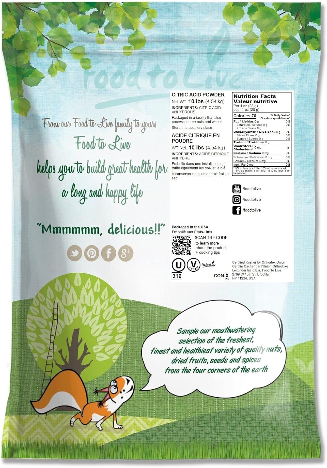 Food to Live Citric Acid Powder, 10 Pounds - Anhydrous, Fine Granules, Food Grade Lemon Salt, Great for Cheese Making, Household Cleaner and Preservative, Good for Bath Bombs, Kosher