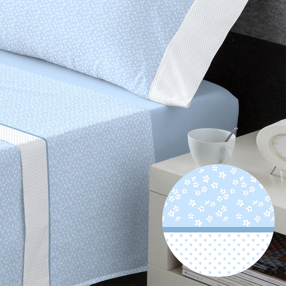 DECASATEXTIL – Juego de sábanas Cama- 3 Piezas – Diferenctes diseños - 48% Algodón, 144Hilos -Oeko-Tex® – Sabana Bajera, encimera y Funda Almohada - Cama 135/140cm - Dalia Azul