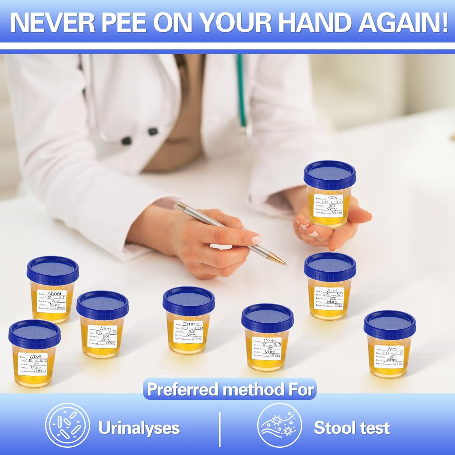 Relaxweex 30 Pcs Urine Collection Hats for Toilet Sets Including 10 Urine Collector, 10 Sample Cup Containers, 10 Stickers for Women and the Elderly Stool Sample Collection Kit, Universal