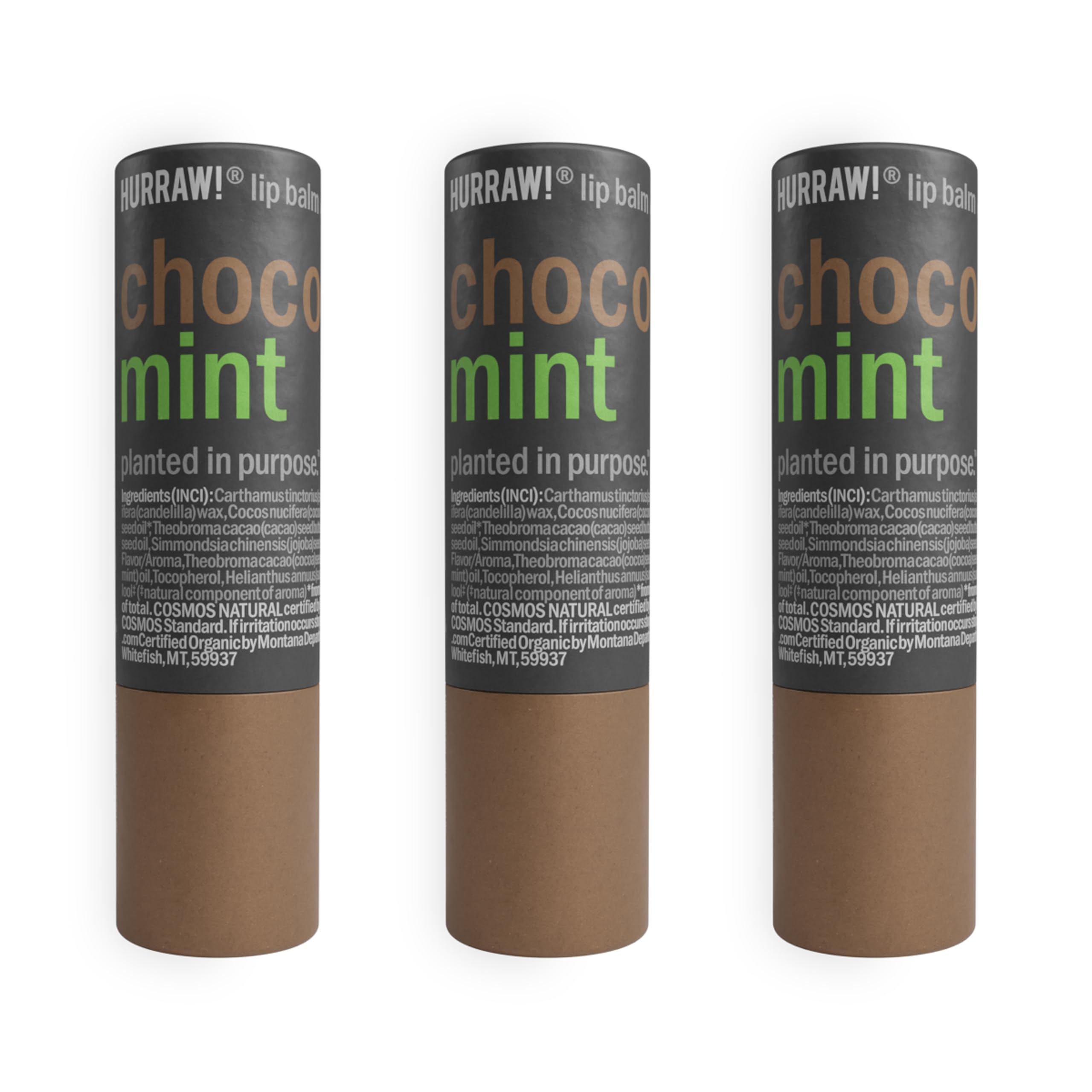 Hurraw! Chocolate & Mint Lip Balm, 3 Pack: Plastic-Free with new cardboard push-up tube. Certified Organic, All Natural Origin, Vegan & Cruelty Free.
