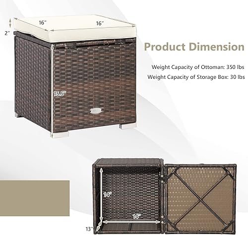 Miniatura 6 de ORALNER Otomana de 16 pulgadas para exteriores juego de 2 otomanas de mimbre con almacenamiento reposapiés de ratán para todo tipo de clima con