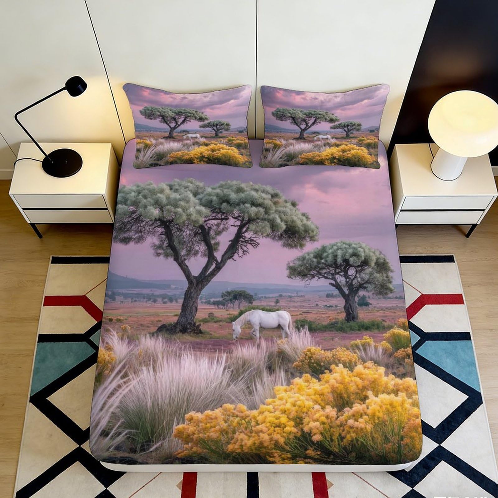 3D Printed Pastoral Landscape Fitted Sheet Microfiber Soft Horse Meadow Mattress Cover Anti-Slip Easy Care for Bedroom Decor 180x200x25cm