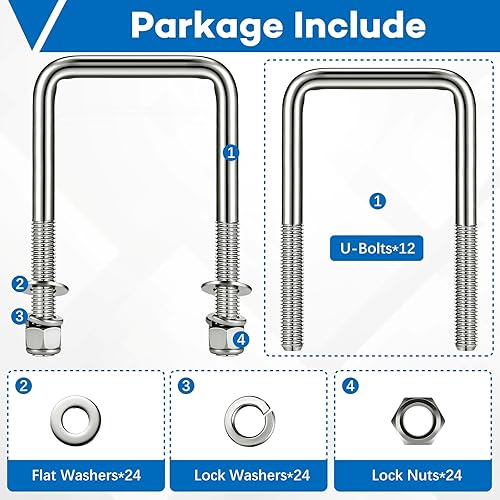 Miniatura 19 de Hotop - 4 pernos en U cuadrados de acero inoxidable 304 con arandelas y tuercas, perno en U resistente para veleros, remolques, automóviles, pieza