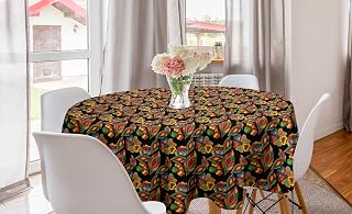 Ambesonne Colorful Round Tablecloth, Exotic Autumn Garden Motifs Foliage in Lively Colors Nature Doodle Print, Circle Table Cloth Cover for Dining Room Kitchen Decoration, 60", Multicolor