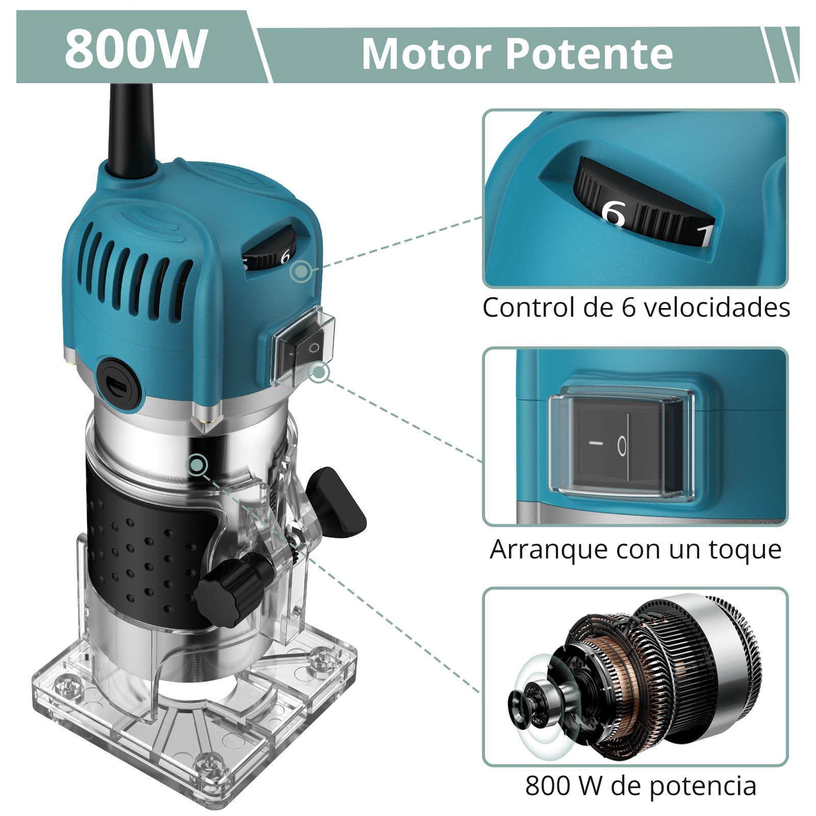 COLFULINE Juego de Fresadora de Madera Rebajadora Eléctrica 800W 30000R 6.35 mm (1/4 Inch) con 6 Velocidades Variables, con 15PCS 1/4"Juego de Brocas para Madera