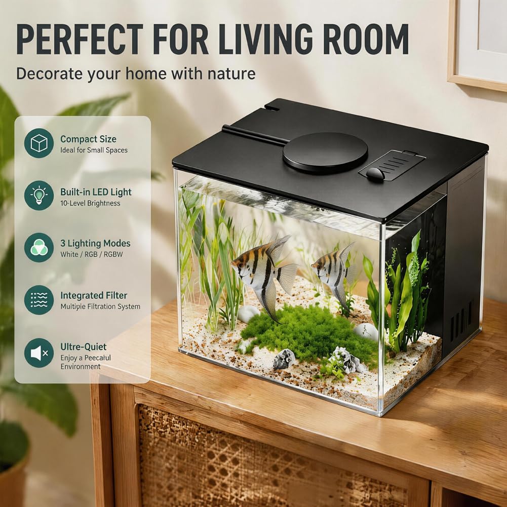 DASIAUTOEM Petit aquarium Betta complet 15 x 11 x 13 cm, mini aquariums en acrylique, aquarium, luminaires, nourriture pour poissons et système de filtration intégré, pour petits poissons, crevettes