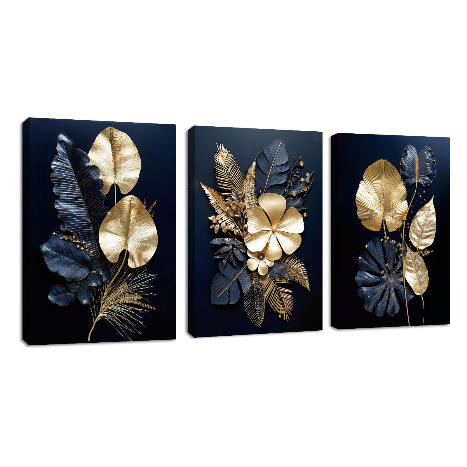 FajerminArt 3 Panels Modern Canvas Wall Art Navy Blue Gold Flowers Coconut Leaves Pictures Painting on Canvas Prints for Living Room Bedroom Office Wall Decoration Stretched On Frame 50x70cmx3Pcs — image 1