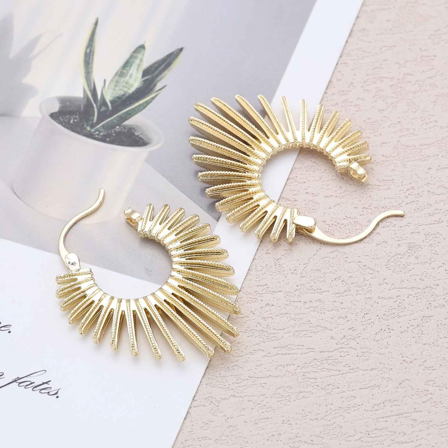 Vintage Big Sun Earrings Punk Large Sunburst Hoop Earrings Gold Spikes Rivets dangle Earring Exaggerate Metal Spike Huggie Studs Statement Fan Shaped Sunburst Earring Jewelry for Women - Image 4
