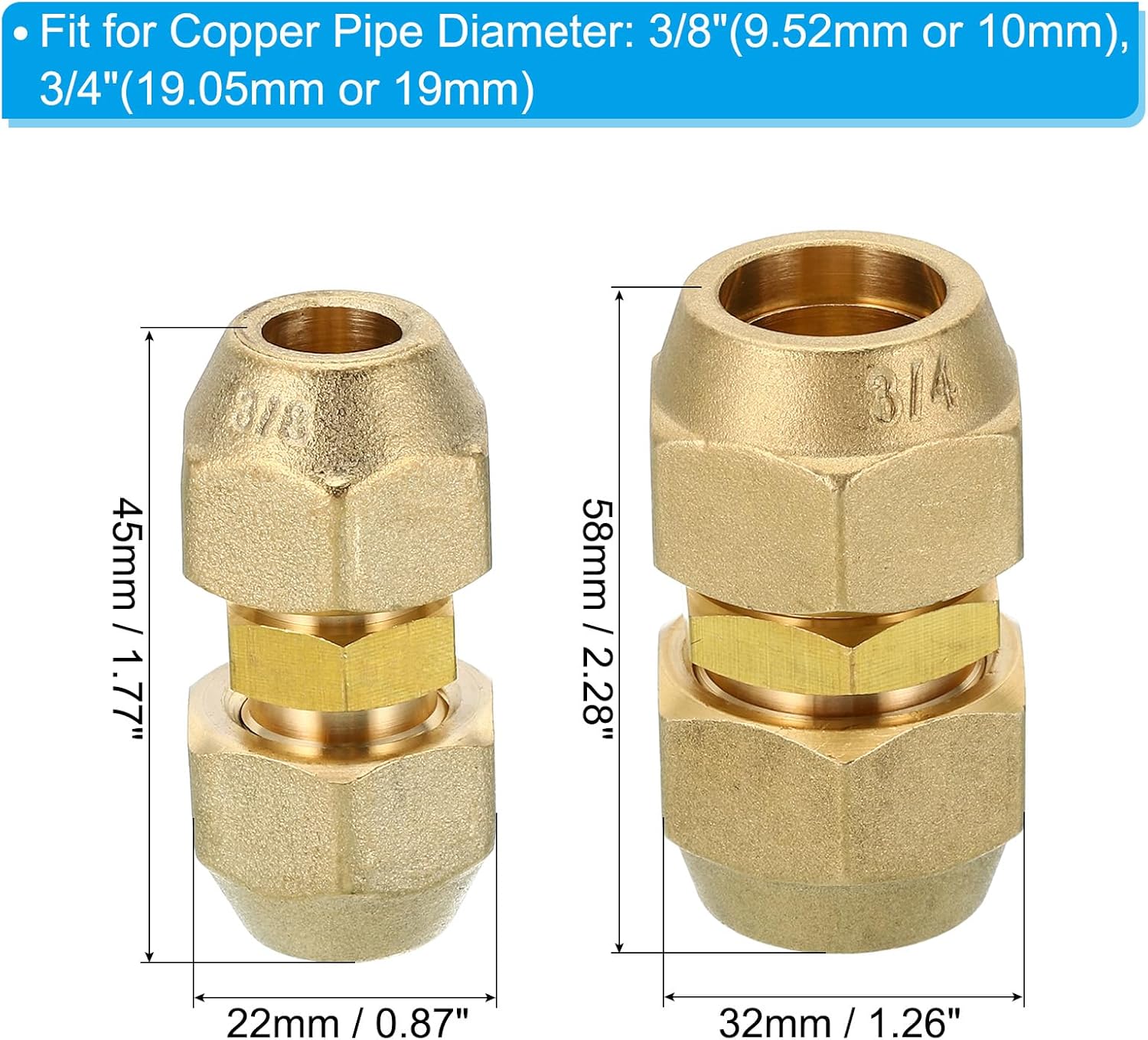 PATIKIL Pipe Extension Joint Connector Set, 2pcs Free Welding AC Copper Pipe Coupling Adapter with Flare Nuts for Copper Pipe Diameter 3/8" and 3/4" Refrigeration HVAC