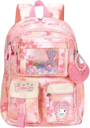 Kids Backpack for Girls, Cartoon School Bag for Elementary Middle School Students, Kawaii Children's Book Bag (17inch Pink)